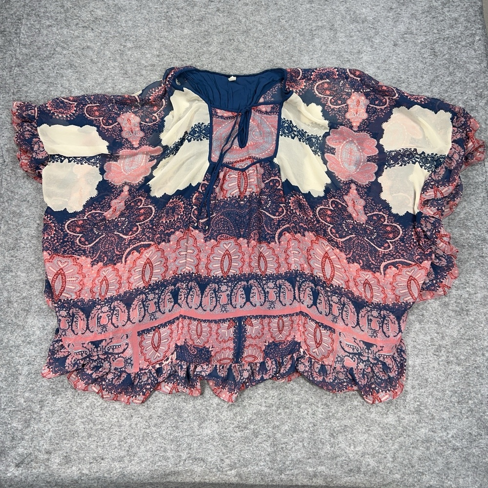 Free People Blouse Womens XS Pink Purple Paisley Chiffon Ruffle Boho Festival